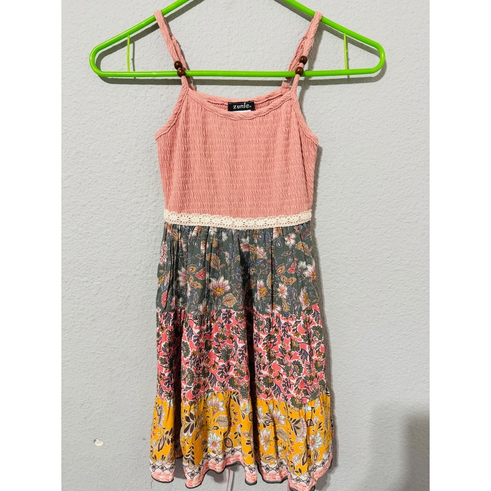 Zunie Kids Girls Pink Smocked Top‎ Tiered Floral Print Boho Peasant Dress Size 5
